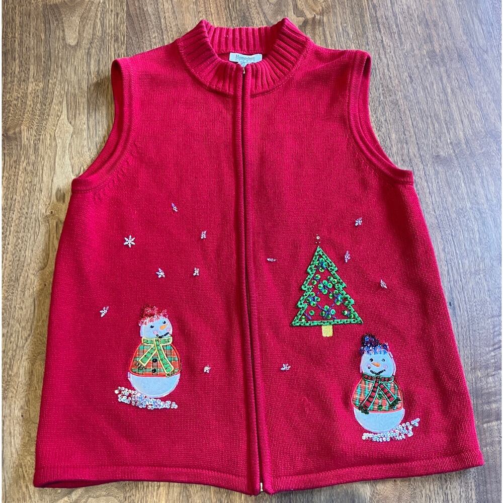Hampshire Studio Red Christmas Sweater Vest L Snowman Tree Sequin Zip Cotton‎